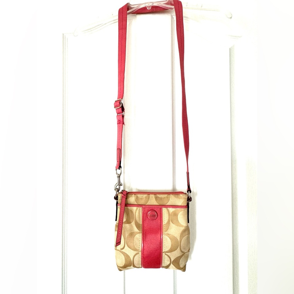 Coach Signature C Crossbody Bag w/ Pink Leather Trim Canvas Logo Small Purse Y2K